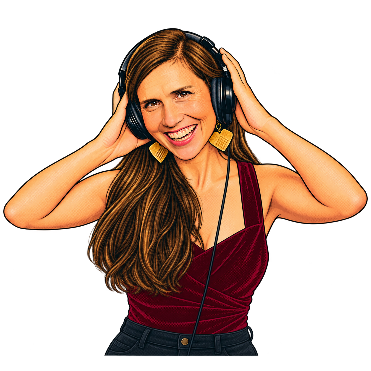 Illustrated portrait of Lila Spencer wearing headphones